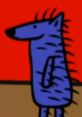 Ralph from ToddWorld, a quirky blue character with spikes, set against a vibrant red background. Fun and whimsical design.