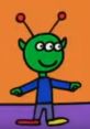 Vark from ToddWorld, a green alien character with big eyes, wearing a blue shirt and colorful shoes, smiling cheerfully.