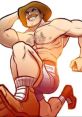 Muscular man in a cowboy hat poses confidently, showcasing a fun cartoon style and vibrant colors reminiscent of Saxotn impressions.
