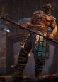 Powerful warrior from For Honor wielding a massive axe, showcasing fierce battle attire in a dark medieval setting.