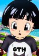 Pan from Dragon Ball Super with short black hair, wearing a GTH shirt, surprised expression, dynamic background.
