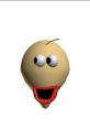 Cartoon character with a round head, large eyes, and a big red mouth, featuring a playful and cheerful expression.