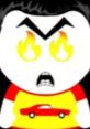 Angry cartoon character with fiery eyes, shouting, wearing a car-themed shirt, expressing intense emotion and frustration.