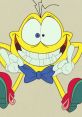 Cheerful yellow character with oversized eyes, wearing a blue bow tie and red shoes, showcasing a playful expression.