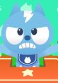 Blue cartoon character with an angry expression, wearing a blue outfit, set against a vibrant green background.