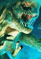 D-Rex roaring fiercely, showcasing its sharp teeth and powerful claws amidst a dramatic backdrop. A stunning dinosaur depiction.