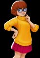 Cheerful Velma from Multiversus, wearing a yellow sweater and pink skirt, poses playfully with a thoughtful expression.