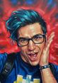 Colorful portrait of a cheerful person with blue hair and glasses, showcasing a playful expression and vibrant background.