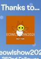Cheerful cartoon owl character with large eyes celebrating the success of Meowlerfucker and its 352nd follower milestone.