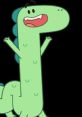 Cheerful green dinosaur character Pogo, with a wide smile and raised arms, exuding joy and excitement.