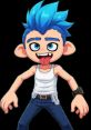 Blue-haired character in a tank top, showcasing a playful and energetic vibe, inspired by Tyson Higgin (Master Creator 1998).