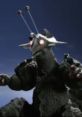 Guilala, the iconic creature from Japanese cinema, features unique design with antennae and glowing eyes against a dark backdrop.