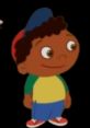 Young boy character with curly hair, wearing a colorful shirt and baseball cap, smiling cheerfully, representing Quincy.