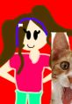 Colorful character with long hair wearing a pink top and teal pants, smiling against a red background, alongside a playful cat.
