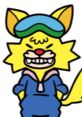 Cartoon-style yellow cat character with a playful grin, wearing a blue cap and hoodie, representing "Spitz (Español).