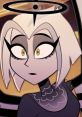 Lute from Hazbin Hotel displays a thoughtful expression, featuring distinct wing tattoos and striking yellow eyes.