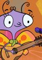 Carmen, a cartoon character with butterfly wings, sings joyfully while playing an acoustic guitar on a colorful background.