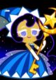 Moonlight Cookie from Cookie Run Kingdom, wearing a blue dress and holding a golden star staff against a dark background.