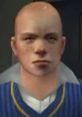 Bald character Jimmy Hopkins with a focused expression, wearing a blue sweater and standing against a dark background.