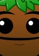 Cartoon character smiling with a green leaf hat, showcasing a friendly expression and large, bright eyes.