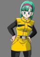 Bulma stands confidently in a bright yellow outfit, featuring her iconic green hair and playful expression.