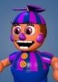 Colorful character JJ from FNAF World: Foxy Fighters, featuring a playful expression and vibrant striped outfit.