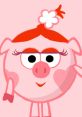 Cheerful pink pig character with red hair and a flower, embodying fun and playfulness in a vibrant cartoon style.