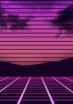 Vibrant purple and pink sunset with horizontal lines and a grid pattern, creating a retro 80s aesthetic backdrop.