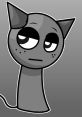 Cartoon cat character with gray coloring, featuring a quirky expression and distinctive ears against a gray background.