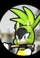 Stylish green character with spiky hair and playful expression, showcasing a unique design reminiscent of Surge from gaming.