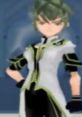 Character in stylish attire with green hair, posing confidently, evokes themes of strength and determination in Sync.