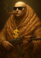 Bald man in sunglasses, holding a cigar and AK-47, draped in a golden dollar sign necklace, exuding power and luxury.