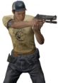 Ellis from L4D2 aiming a pistol, wearing a worn t-shirt and cap, ready for action in a post-apocalyptic world.