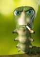 Curious cartoon caterpillar with a smoking habit, embodying a humorous "Uwu ni" vibe in a vibrant green background.