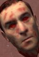 HL2 Citizen with disfigured face and glowing red eyes, embodying constant pain and struggle in Half-Life 2 universe.