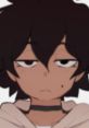 Character illustration of Peej with tousled black hair, a choker, and an unimpressed expression. Anime style, vibrant colors.
