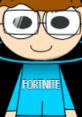 Cartoon character wearing a blue Fortnite shirt with glasses, featuring a cheerful expression and a dark background.
