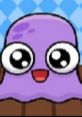 Cute purple Moy V2 character with big eyes and a cheerful smile, set against a playful blue background.