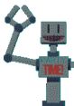 Cheerful party bot waving with a sign that reads "Party Time!" in a playful pixel art style, perfect for festive events.