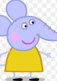 Emily Elephant from Peppa Pig, a cheerful character known for her blue color and yellow dress, smiling and waving.