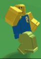 Roblox character with a happy expression, wearing a blue shirt, joyfully dancing on a green background. Ideal for "Oh, Ok." themes.