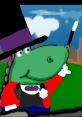 Ringmaster DJ The Dinosaur in a colorful outfit, performing with a magic wand against a vibrant background.
