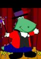 Dj The Ringmaster Dinosaur in a magician's outfit, performing on stage with a wand, lively and engaging with the audience.