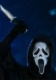 Real Ghostface figure brandishing a knife, set against a dark background, evoking horror and suspense in classic slasher style.