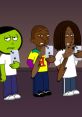 Three animated characters with smartphones show various expressions, embodying humor and friendship in a lively scene.