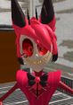 EliasHorror character with pink hair and playful yet spooky expression, dressed in a red suit with a bow tie.