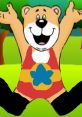 Vinko The Strong Bear happily poses with outstretched arms, showcasing his colorful superhero outfit in a vibrant forest setting.