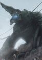 Powerful depiction of Knifehead, a massive kaiju with a distinctive fin, set in a stormy urban landscape.