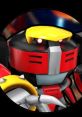 Close-up of E-123 Omega, a red and black robotic character with yellow accents, showcasing its intricate design and features.