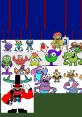 Cheerful characters in a colorful circus scene featuring Ringmaster Tiny O Flexem and his vibrant monster friends.
